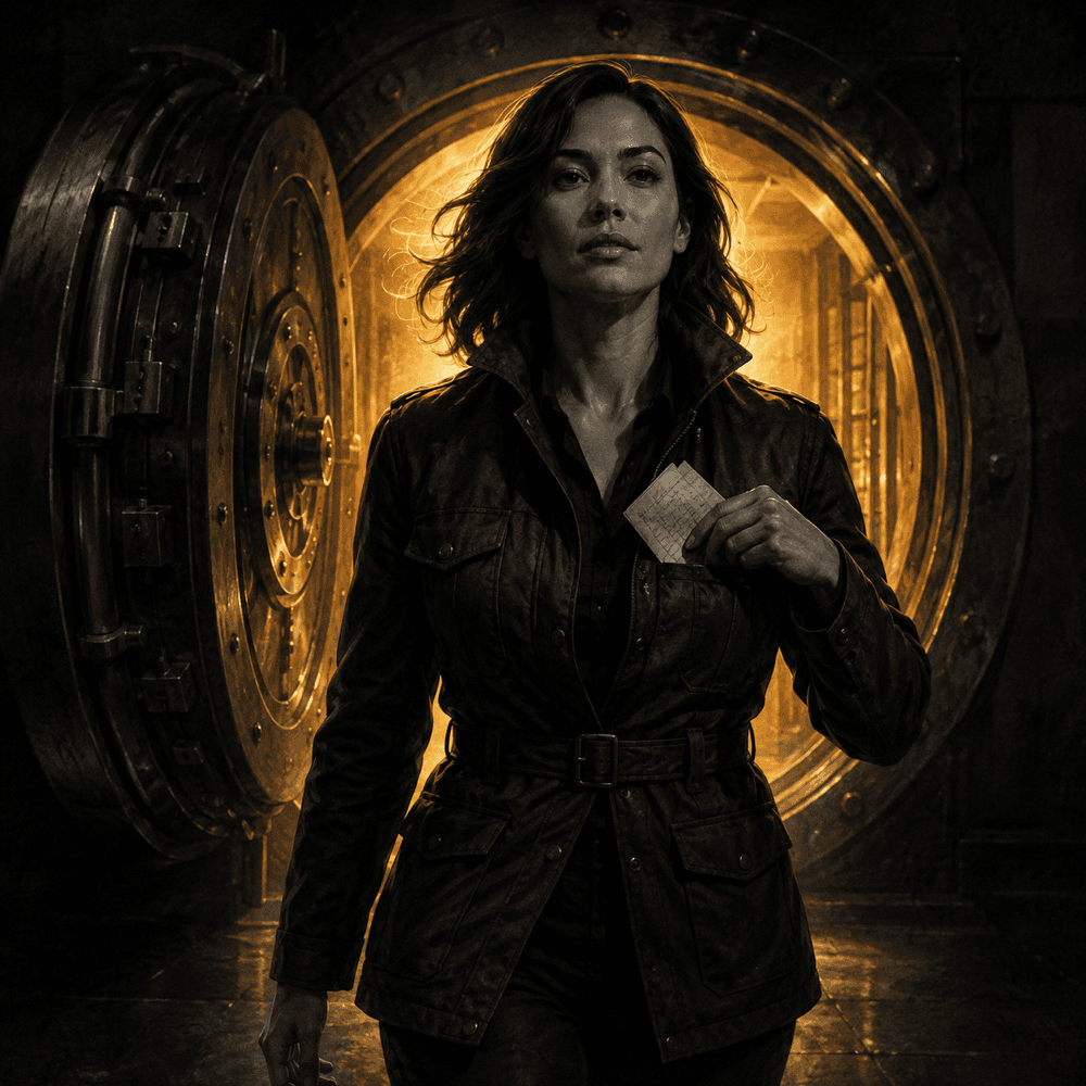 Breakout Bot — a calm figure walking out of an open bank vault lit by an escaping golden light, a single trade note in her hand.